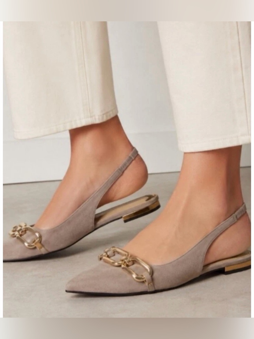 WHBM Women's Taupe Slingback Pointed Flats with Gold Chain Accent